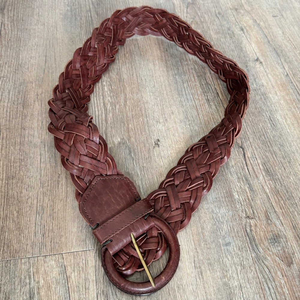 Abercrombie & Fitch Brown Braided Leather Belt XS/S Wide Woven Boho Round Buckle